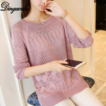 

Elegant Women's Round Neck Hollow Knitted Sweater Long sleeve Crochet Pullover Korean Fashion Lace Tops