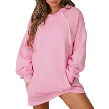 

Hoodies Women Sweatshirts Hoody Ladies Pink Solid Pockets Drawstring Long Sleeve Loose Casual Long Hoodie Sweatshirt