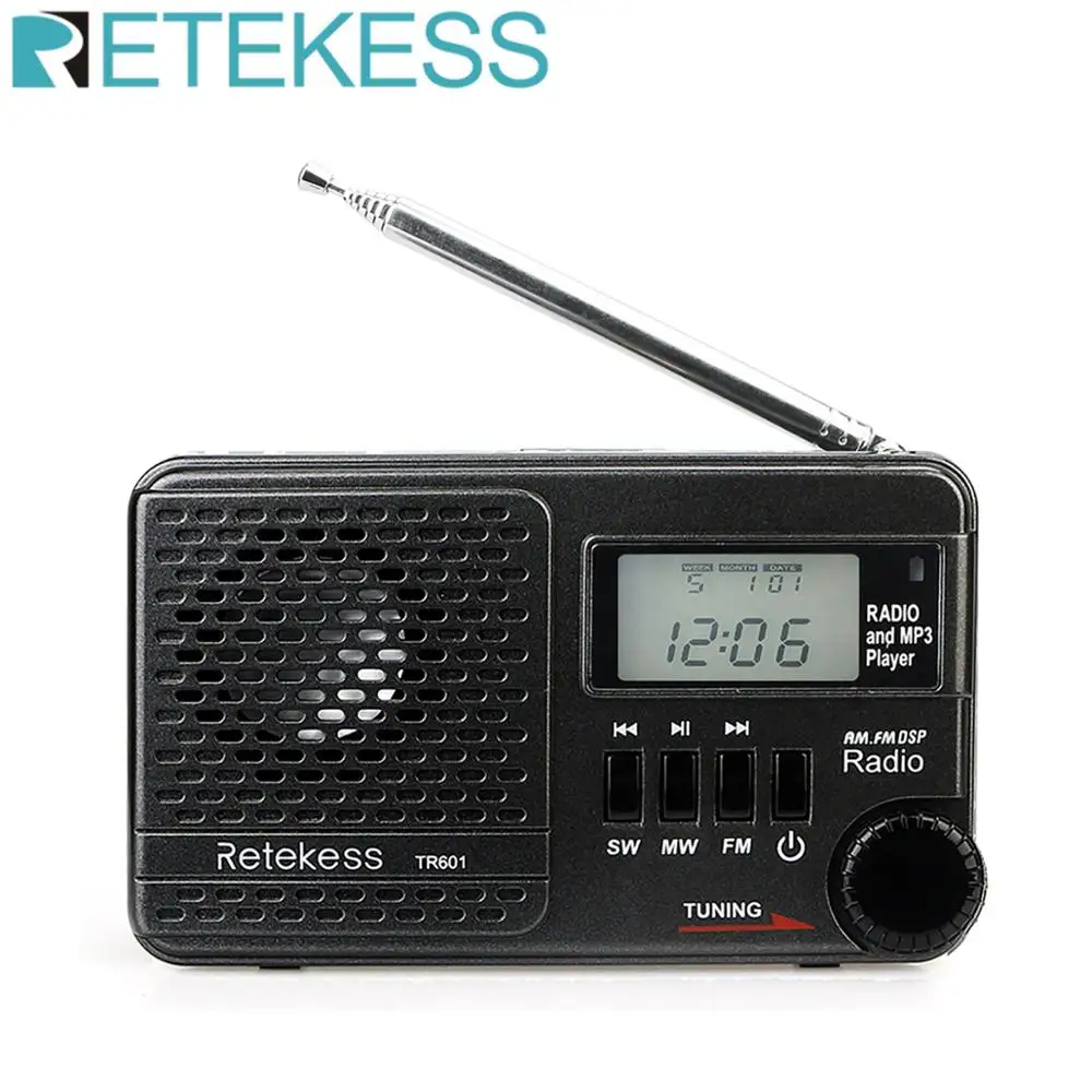 Retekess TR601 FM/AM/SW Карманные Радио цифровые часы DSP радио приемник MP3 плеер 9 к/10 к Настройка Micro SD карты порт USB вход