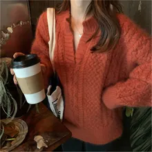 

Ladies Elegant and Sweet V-neck Retro Chic All-match Solid Color Sweater Outing Streetwear Winter Fashion Pullover