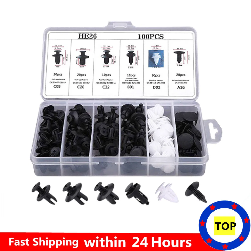 6 Sizes 100pcs Fastener Clip Mixed Car Body Push Retainer Pin Rivet