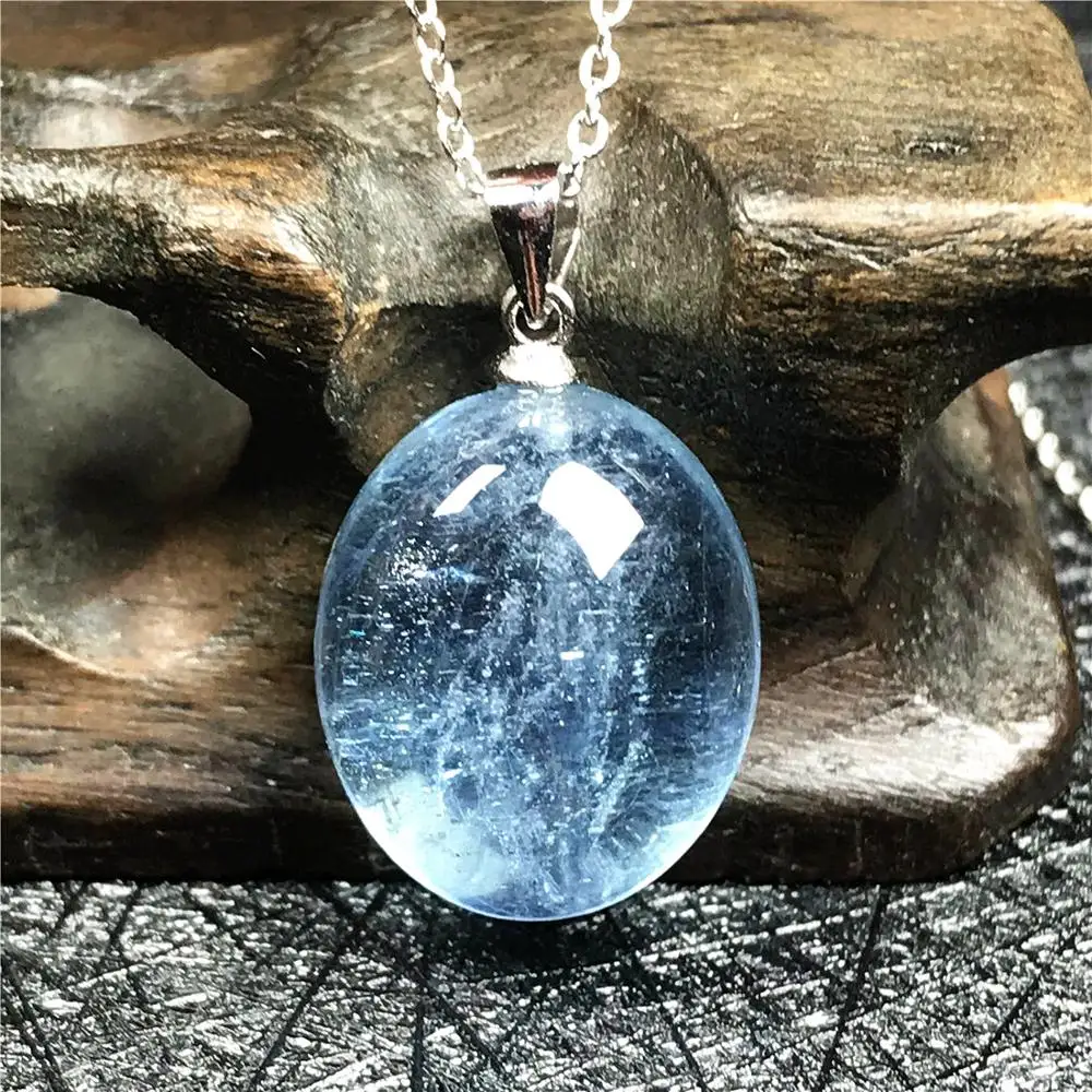 Pendant Necklace Natural Ocean Blue Aquamarine Jewelry For Woman Lady Man Silver Chains Crystal 19x14x9mm Beads Oval Stone AAAAA | Украшения