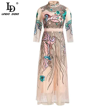 

LD LINDA DELLA 2020 Autumn Fashion Designer Vintage Dress Women Luxury Mesh Overlay Flower Embroidery A Line Dress Vestidos