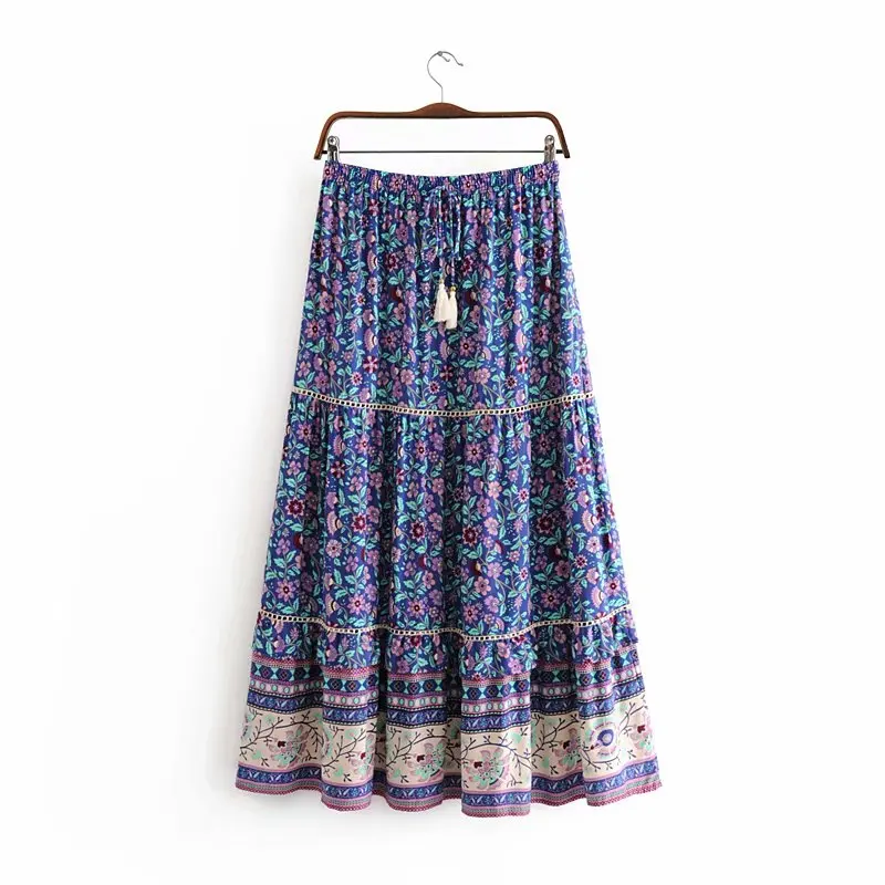 Boho chic хиппи Женская пляжная Цветочная юбка с кисточками богемная юбка с высокой эластичной талией А-силуэт Макси Юбка Femme