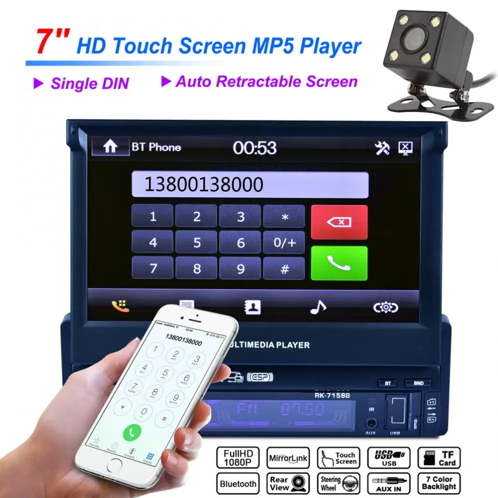 Универсальный 7 дюймов 1 Din Bluetooth HD сенсорный Авто Выдвижной экран автомобиля видео стерео плеер Зеркало Ссылка/Aux In с камерой просмотра