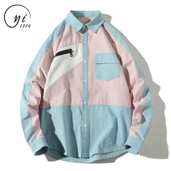 

Zipper Pocket Shirt 2019 Safari Shirts For Men Long Sleeve Patchwork Shirt Men Black Red Pink Blue Ropa Casual Hombre 5xl