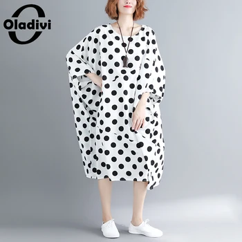 

Oladivi Oversized Clothing Plus Size Women Casual Loose Shirt Dress Lady Summer Batwing Sleeve Polk Dot Ptint Dresses Girl Tunic