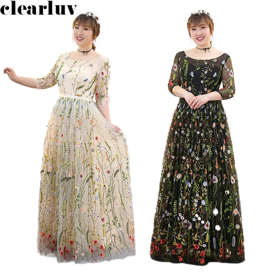 

Three Quarter Sleeve Evening Dress Embroidery Flower Robe De Soiree T276 2019 Plus Size Women Party Dresses New O-Neck Prom Gown