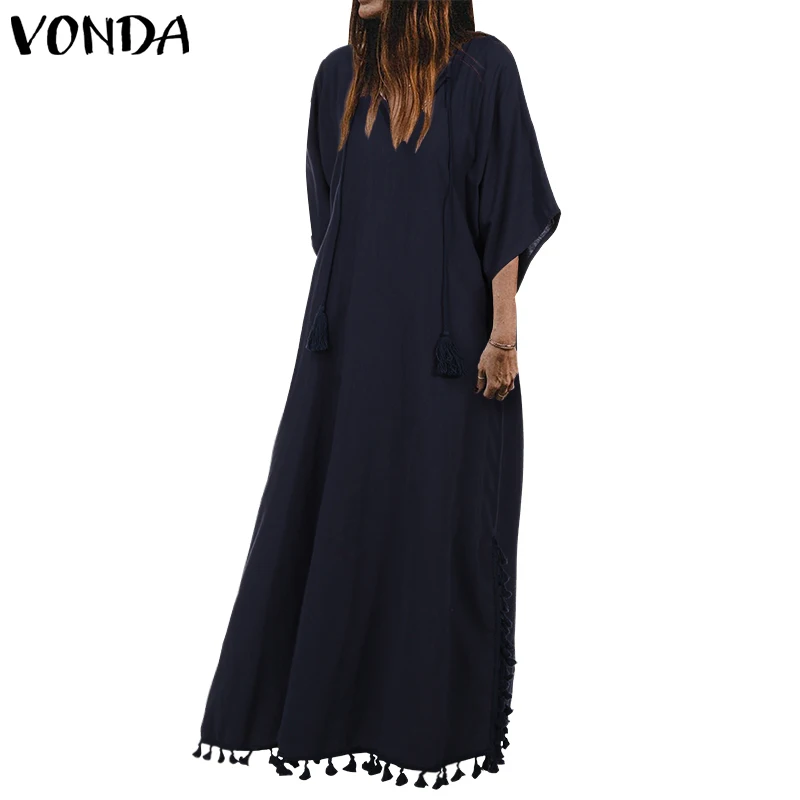 VONDA, женское винтажное Хлопковое платье, повседневное, свободное, с кисточками, вечерние, длинное, макси платье,, летнее, богемное, праздничное, Vestido, мешковатое, сарафан