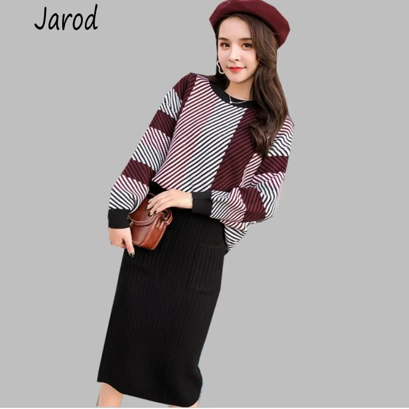 

High Quality 2019 Autumn Winter Knitted Womans Thick Loose Sweater + Pencil Skirts Sets for Woman Casual Ladies Two-pieces Suits
