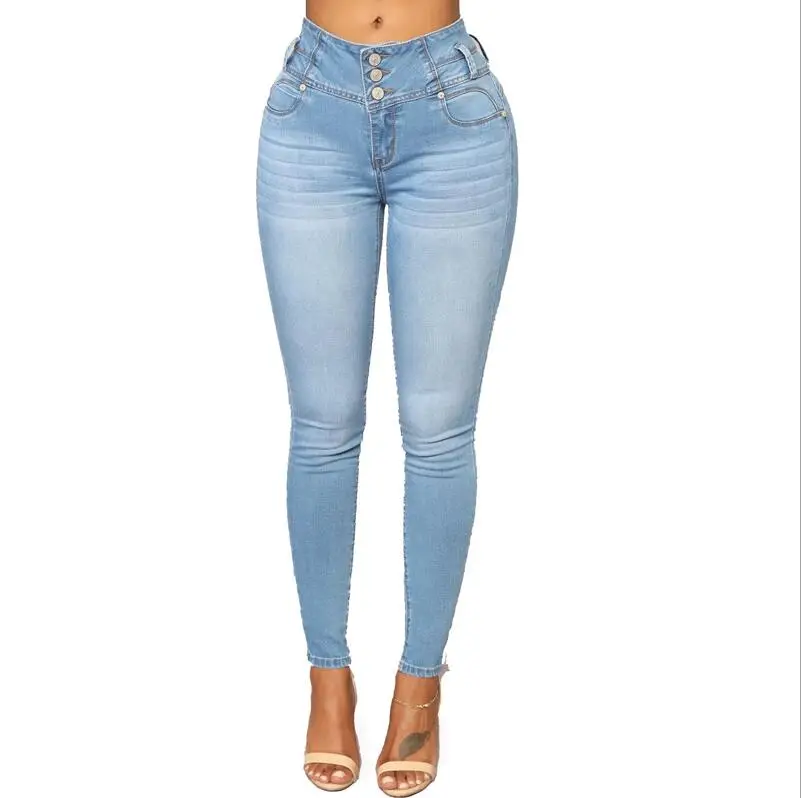 light blue Однотонные потертые обтягивающие джинсы для женщин с высокой талией, осенние джинсовые штаны размера плюс 3XL, брюки с эффектом пуш-ап, облегающие джинсовые брюки-карандаш для женщин - Цвет: light blue