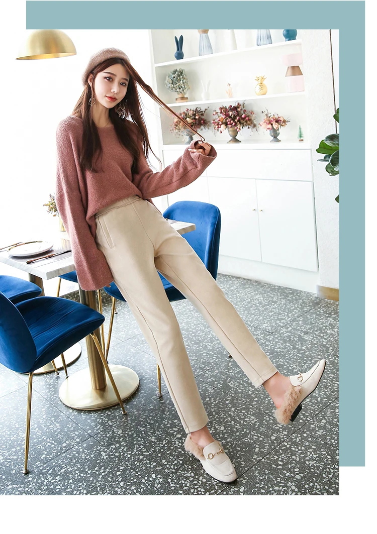 Осень-зима Для женщин брюки модные свободное до щиколотки брюки высокие эластичные на талии для отдыха теплые шерстяные брюки