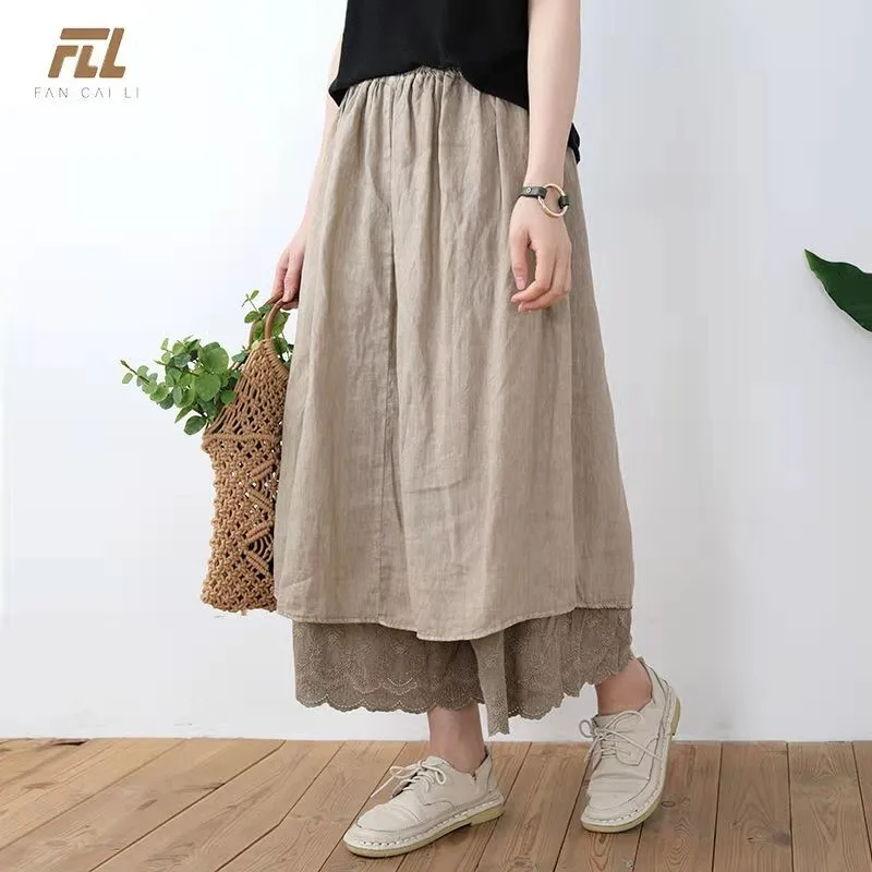 

New Arrival Summer Arts Style Women Loose Casual Elastic Waist A-line Skirt All-matched Cotton Linen Mori Girl Long Skirt W314