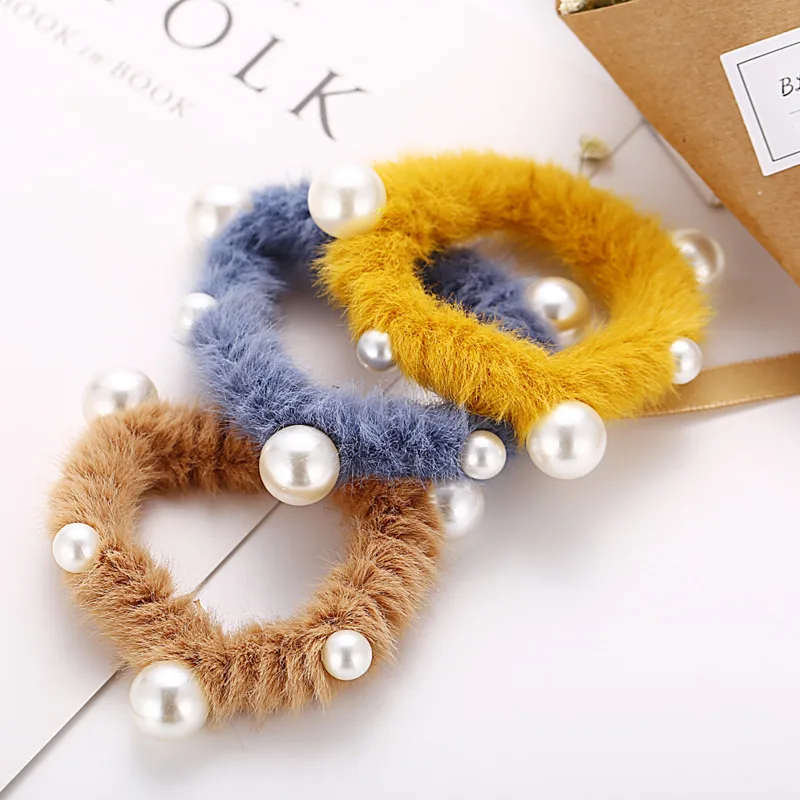 

[Xwen] New Girls Pearls Rabbit Hair Bands Plush Hair Rope Elastic Rubber Bands Headrope Fashion Hair Accessories WEA0061