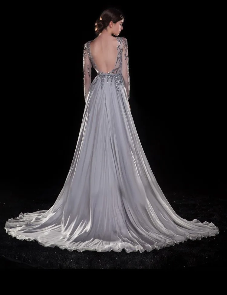 Сексуальное платье с длинным рукавом и открытой спиной для выпускного вечера, vestido de festa, Серебряное шифоновое платье с бисером, платья для матери невесты