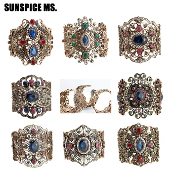 

SUNSPICE MS Turkish Women Cuff Bracelet Bangle Antique Gold Color Blue Resin Broadside Elastic Wrist Jewelry Ethnic Wedding Gift