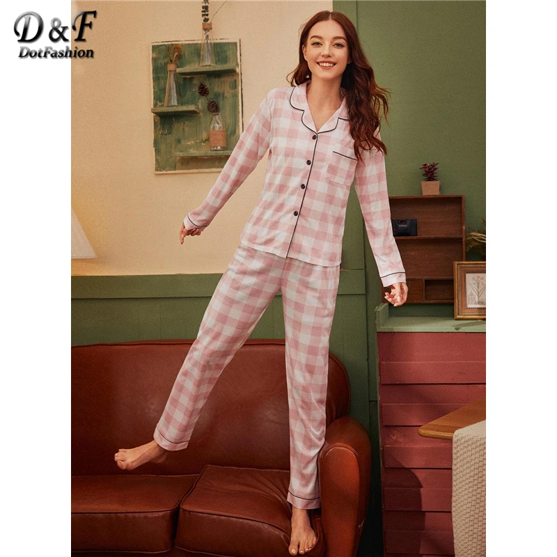 Dotfashion, розовый, в клетку, с принтом, пижамный комплект, для женщин, осень, контрастная вязка, длинные штаны, наборы, для девушек, с карманами, деталь, домашняя одежда