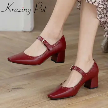 

Krazing pot 2020 genuine leather Mary Janes square toe med heels Korean style sweet girl buckle straps dating spring pumps L60