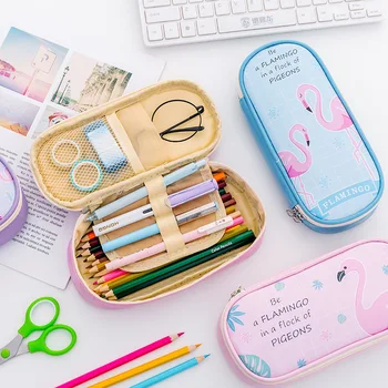 

Pencil case large capacity 21 cm length Canvas&leather material Multi-layers zipper pouch Practical pencil bag Stationary