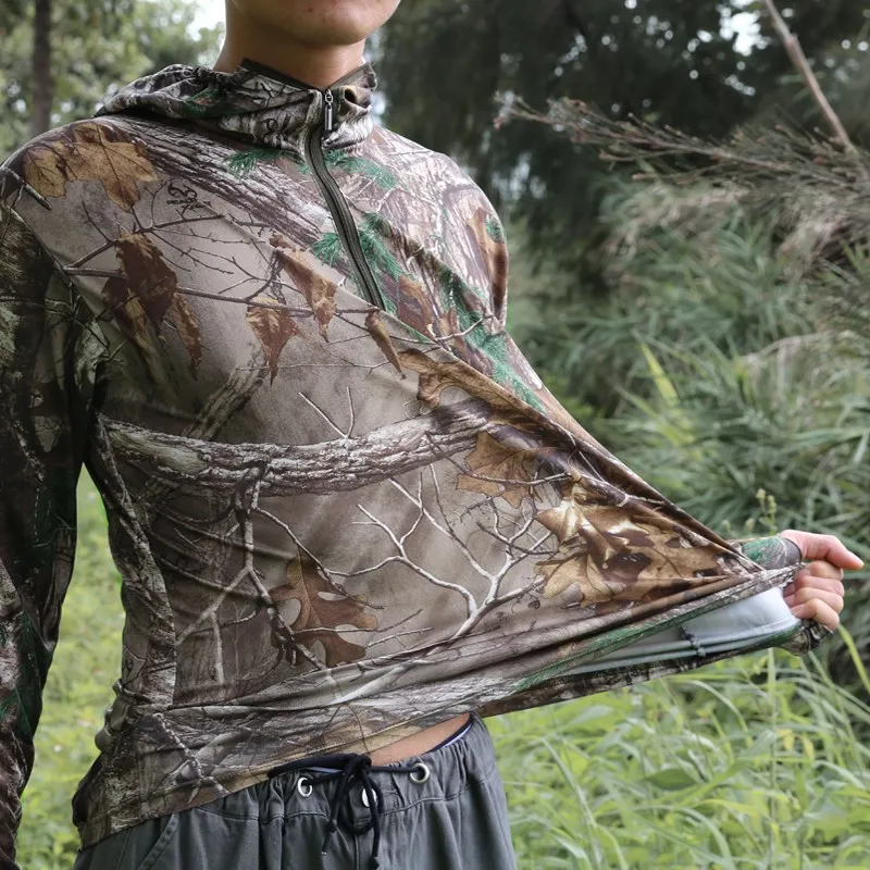 Summer Quick Dry Sun Protective Fishing Clothes Outdoor Hunting Bird Watch  Bionic Camo Shirt Mens Stretch Breathable Hooded Tops