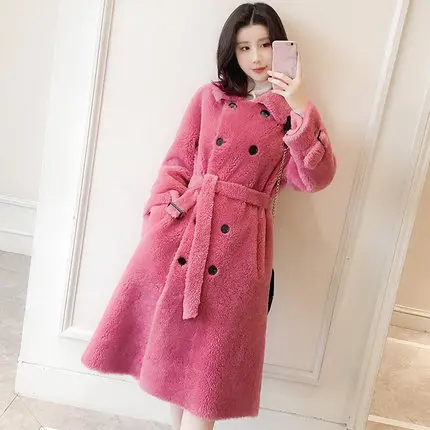 Rose Red Зимнее длинное пальто из овечьей шерсти для женщин, Новое высококачественное шерстяное тонкое меховое пальто для женщин, модное зимнее меховое пальто - Цвет: Rose Red