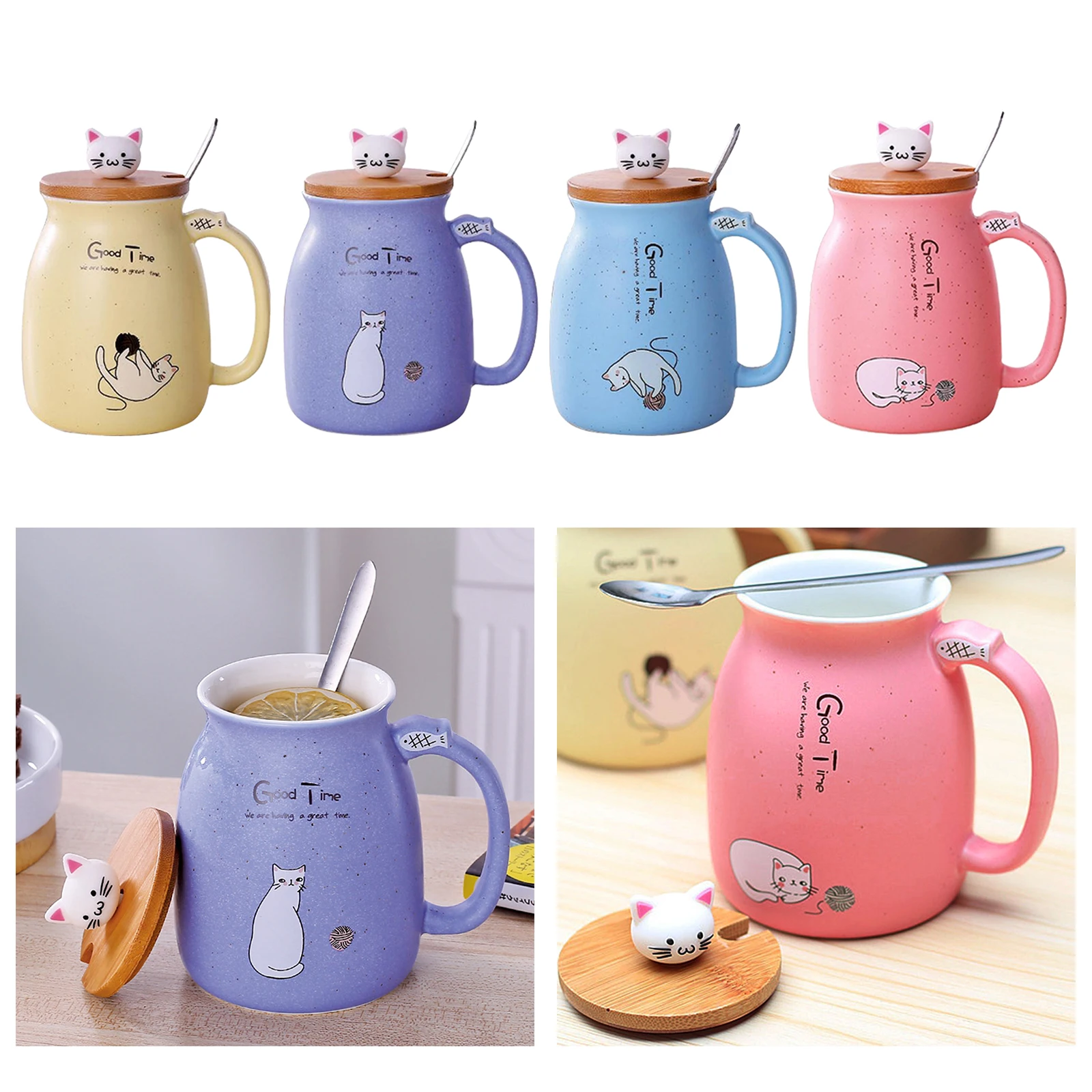 Cute Cat Ceramic Cup Hot Cold Tea Cup Milk Coffee Mug with Spoon Lid Pink