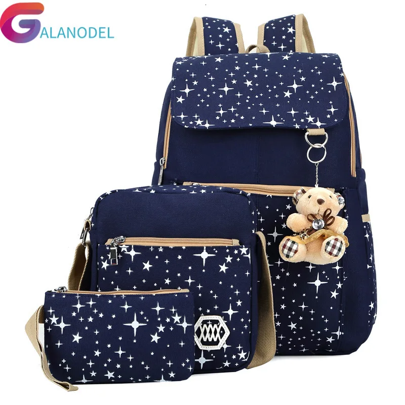 

School Women Backpack 3pcs/set Bags Star Printing Cute Backpacks With Bear For Teenagers Girls Travel Bag Rucksacks Mochila