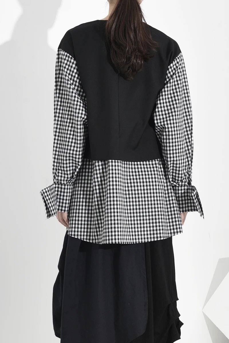 [EAM] Свободная черная стеганая куртка в клетку, имитация двух курток, новинка, круглый вырез, длинный рукав, Женское пальто, модный стиль, Осень-зима, 1B557