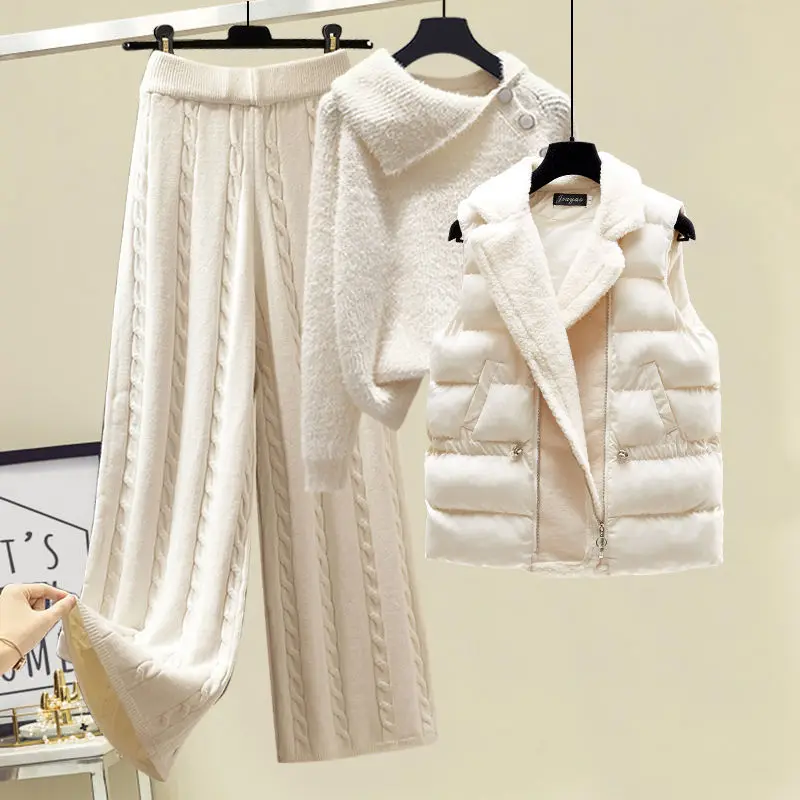 Plus Size Winter Warm 3 Piece Set Women Pullover Sweater + Wide Leg Pants +Lamb Wool Vest Knitted Suit Tracksuit Women's Clothes |