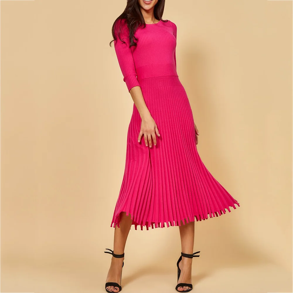 Элегантные вечерние платья-свитера в складку для женщин осень-зима розовые офисные женские трикотажные платья средней длины Vestido сексуальные платья облегающего размера плюс