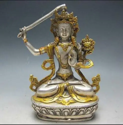 Китайская Серебряная бронзовая позолоченная фотография --- Будда Manjushri | Дом и сад