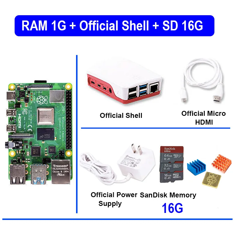 Official Shell SD16G Официальный Raspberry Pi 4 Модель B 4B С ОЗУ 1 ГБ 1,5 ГГц 2,4/5,0 ГГц wifi Bluetooth 5,0 корпус Охлаждающий радиатор блок питания - Комплект: Official Shell SD16G