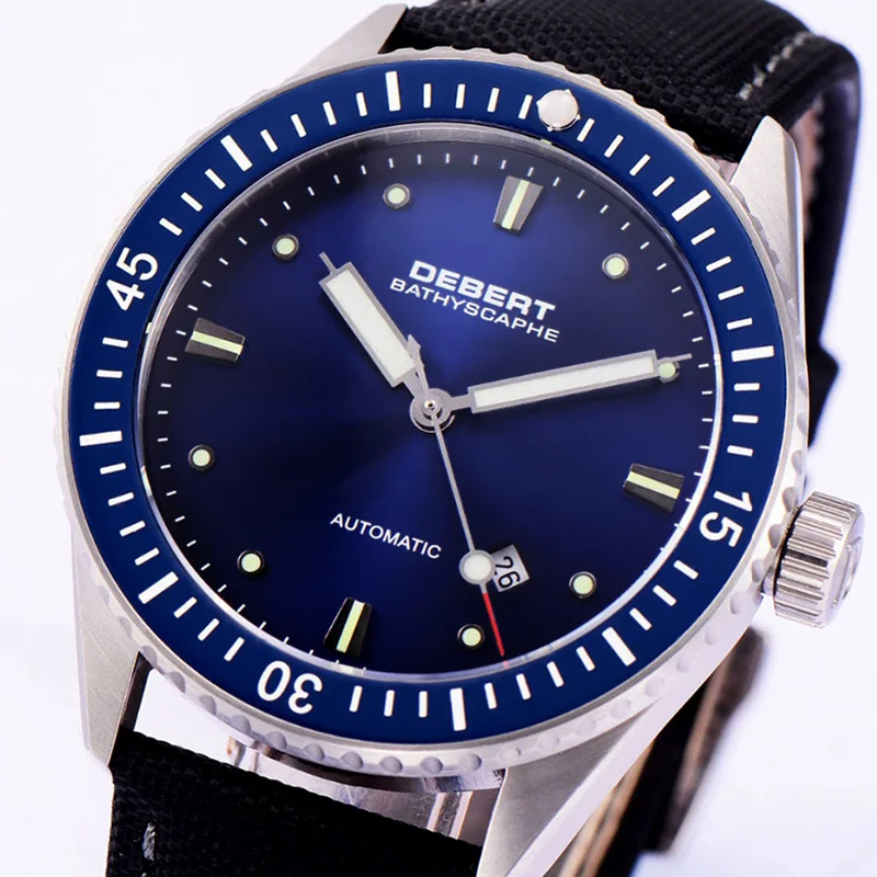 

Mechanical automatic luxury fifty brand fathoms ceramic bezel sapphire crystal blue 43mm steel leather seagull men watch