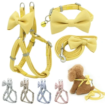 

Cute Dog Harness Leash Collar Set Adjustable Soft Bow Double Layer Harness for Small Medium Pet Dog Collar Leash Outdoor Walking