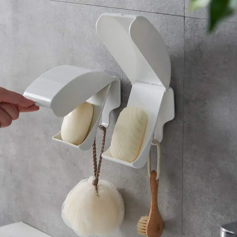 

Home Shower Soap Holder Wall-mounted Soap Dish with lid Self-Adhesive draining rack storage Tray container bathroom accessories