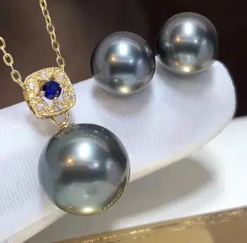 

D123 Fine Jewelry 18K Gold Natural Tahiti Black Pearls 9-12mm Female's Jewelry Sets for Women FIne Jewelry Sets