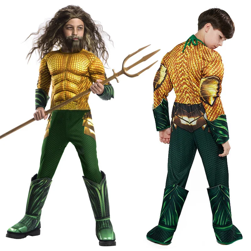 Детский костюм для косплея на Хеллоуин, золотой Аквамен, мускул, морской король, вечерние костюмы супергероя для косплея, необычный комбинезон, боди Marvel, колготки