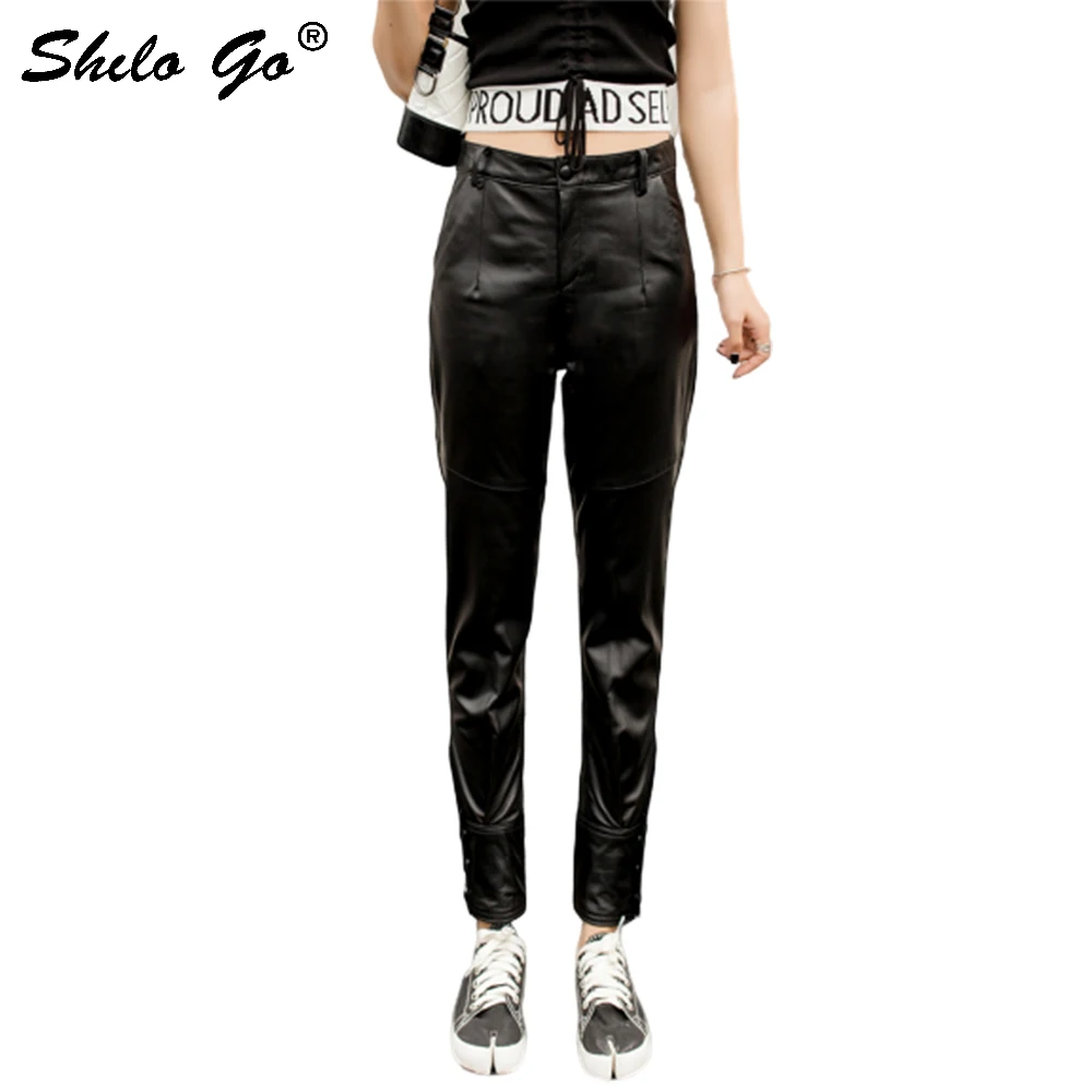 

Genuine Leather Pants Minimalist Black Button Front Sheepskin Pencil Pants Women Autumn Winter Highstreet Solid Boots Trousers