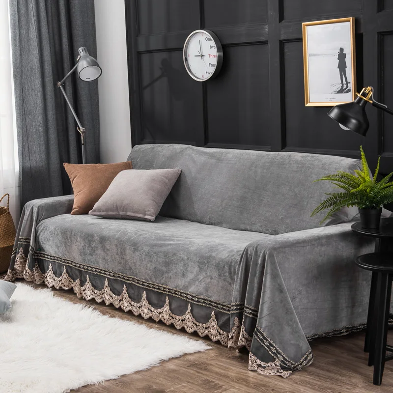 

European Style Sofa Cover For Living Room Grey Plush Slipcovers Stretch Furniture Sectional Couch Cover Luxury Fabric Lace 40