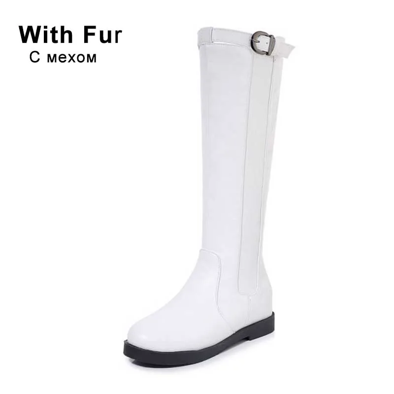 Taoffen Women Retro Knee High Boots Winter Fur Keep Warm Motorcycle Boots Punk Sexy Brand Shoes Women Footwear Size 32-43 - Цвет: white with fur
