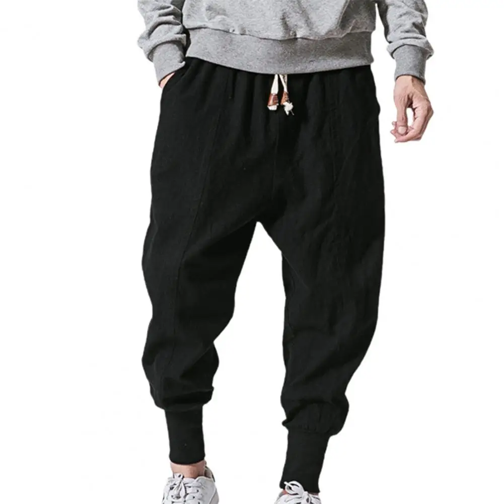 Casual Harem Pants All Match Solid Color Baggy Drawstring Men Drop-crotch Pockets Trousers Comfortable to wear  for Daily Wear blue harem pants Harem Pants