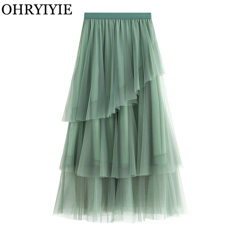 OHRYIYIE/зеленая, розовая, длинная Тюлевая юбка макси, женская, модная, Корейская, элегантная, эластичная, высокая талия, трапециевидная, юбка-пачка для женщин, Jupe Longue