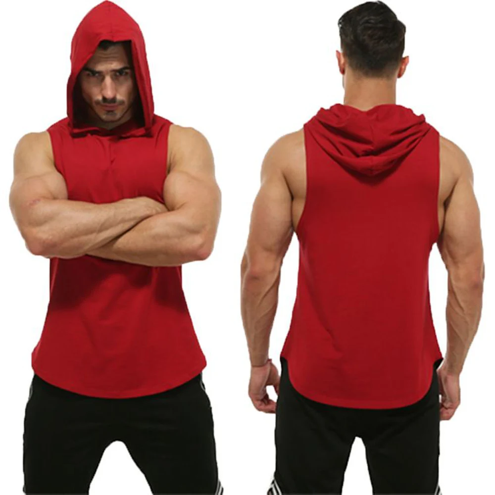 

European American Men's Fitness Sports Sleeveless Size Stretch GYM Quick-Drying Arc Hem Vest Hooded Sweater Hot Sal