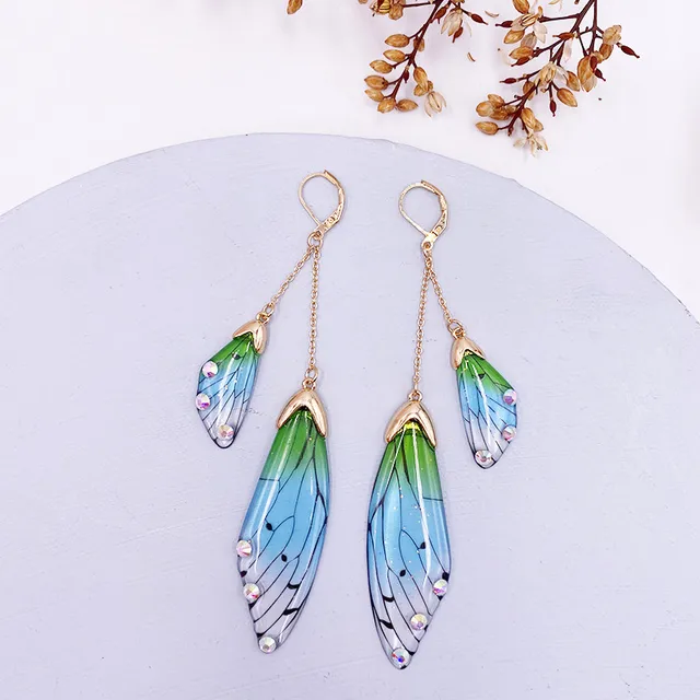 Fairy Resin Butterfly Earrings for Women Shining Crystal Flake Double Wing Long Drop Earrings Ladies Wedding Party Jewelry 2020 Gold-Green