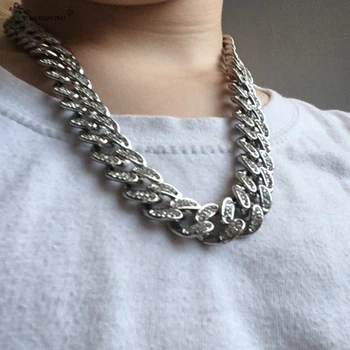 

Hot Sale Ice Out Cuban Necklace Hip Hop Jewelry Necklace Collar Rhinestone CZ Buckle Men's Rapper Accessories Necklace Jewelry