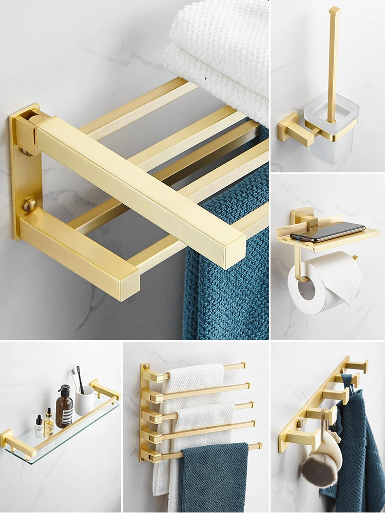 Gold Towel Bar Rail Toilet Paper Holder Towel Rack Hook Soap Dish Toilet Brush Phone Stand Toliet Paper Box Brass Shelf 01