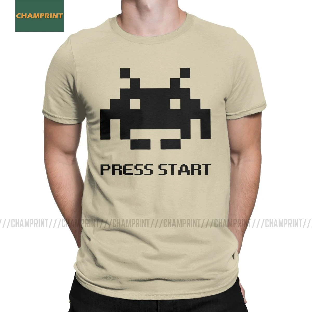 Футболка мужская с коротким рукавом хлопковая тенниска надписью Press Start Space Invaders