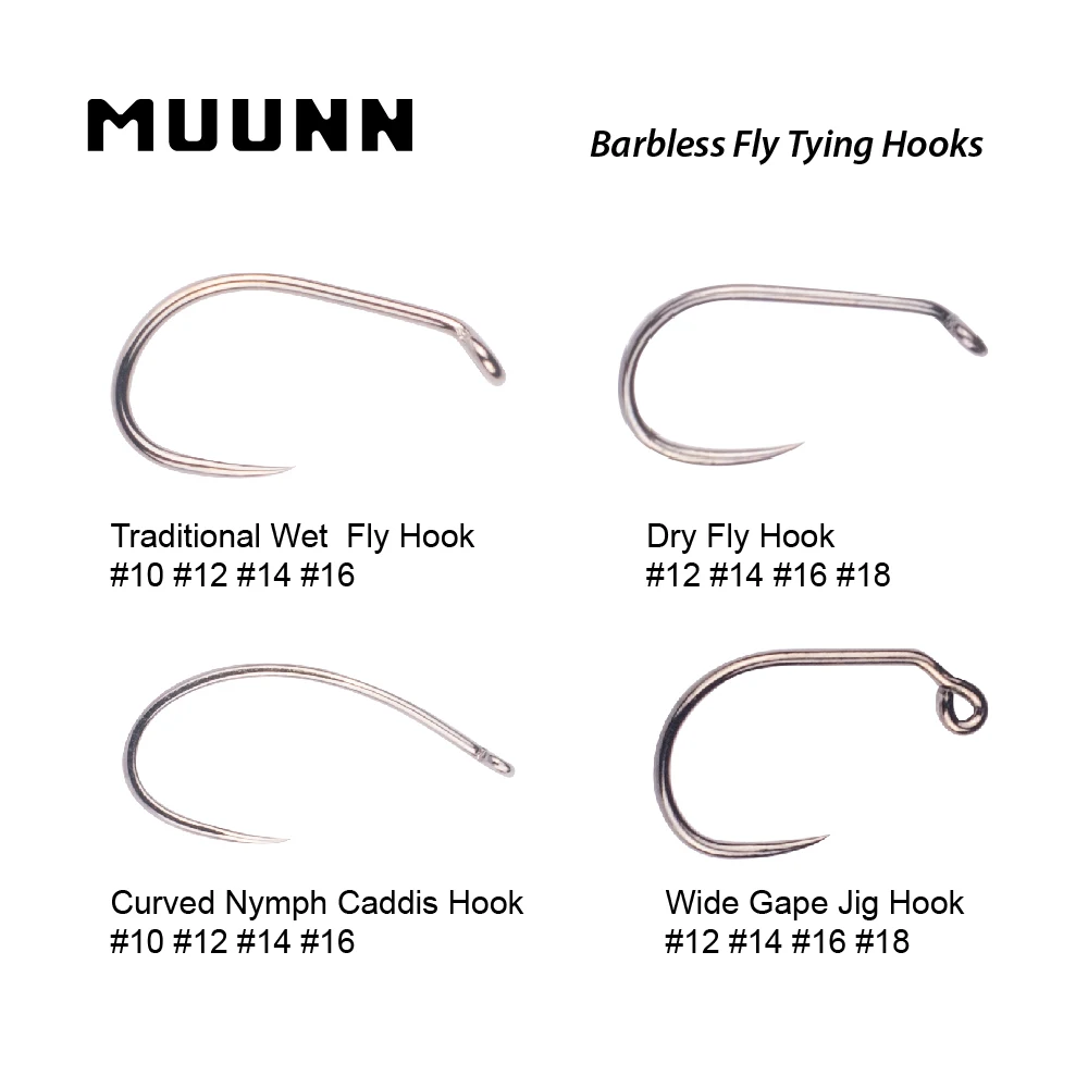 Muunn 100pcs Fly Tying Hooks, 1012141618,fishing Dry Nymph Shirmp Wet Caddis,barbless Fly