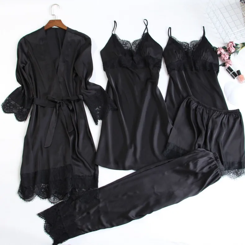 Брендовый костюм из 5 предметов, кружевная атласная Женская пижама, комплект, Осень-зима, с длинным рукавом, сексуальная шелковая пижама, Повседневная Домашняя одежда, женская пижама - Цвет: Black