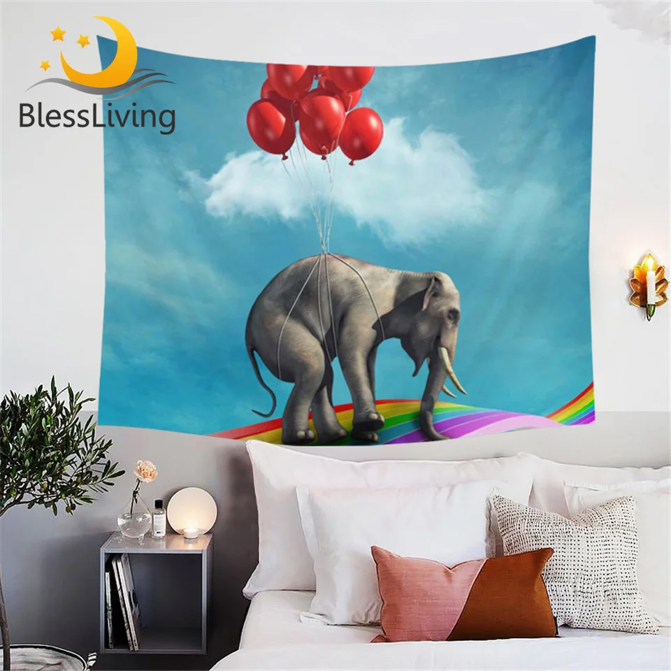Blesslive Небесно-Голубой гобелен слон, воздушные шары для верховой езды, поднимающиеся гобелены, Настенный декор, животные, радужные покрывала, настенное искусство